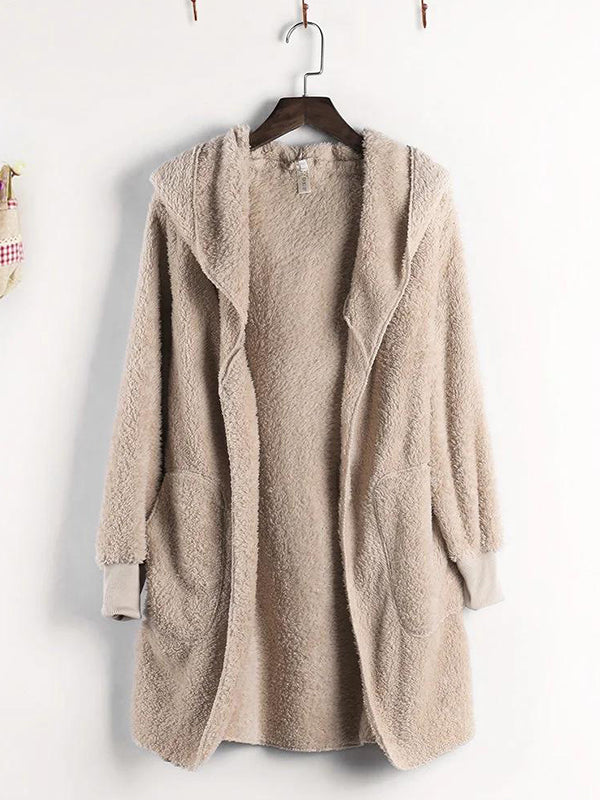 Comfysol Apricot Solid Casual Hooded Long Sleeve Coats