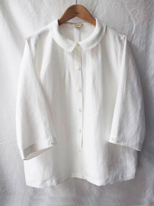 Comfysol Round Neck Button-up Casual Long Sleeve White Blouse