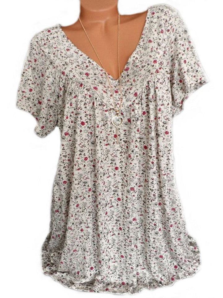 Comfysol Print Floral Short Sleeve V-neck Blouse