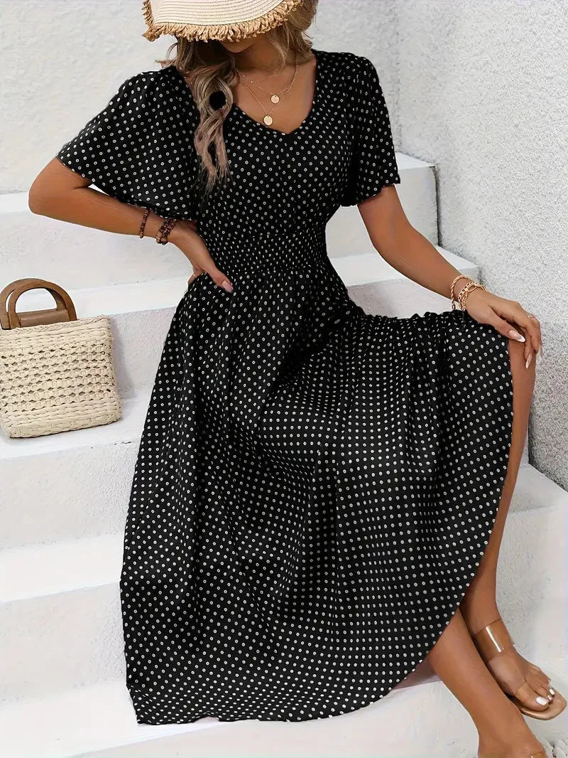 Women Polka Dots Short Sleeve V Neck Printing Dress Daily Casual Maxi Tank A-Line Summer Dress