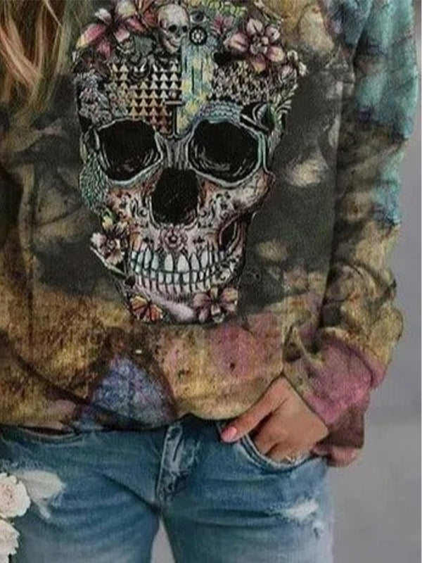 Comfysol Casual Graphic Tops Round Neck Long Sleeve Skull Printed Sweatshirts