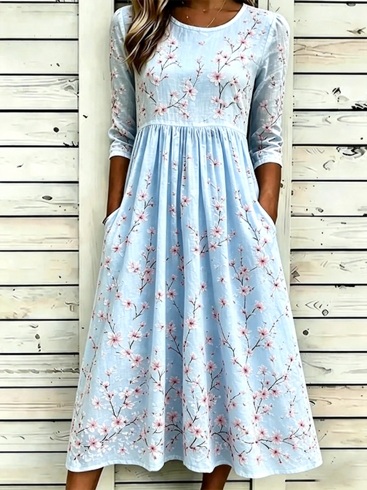 Floral Print Crew Neck A-Line Midi Dress with Pockets
