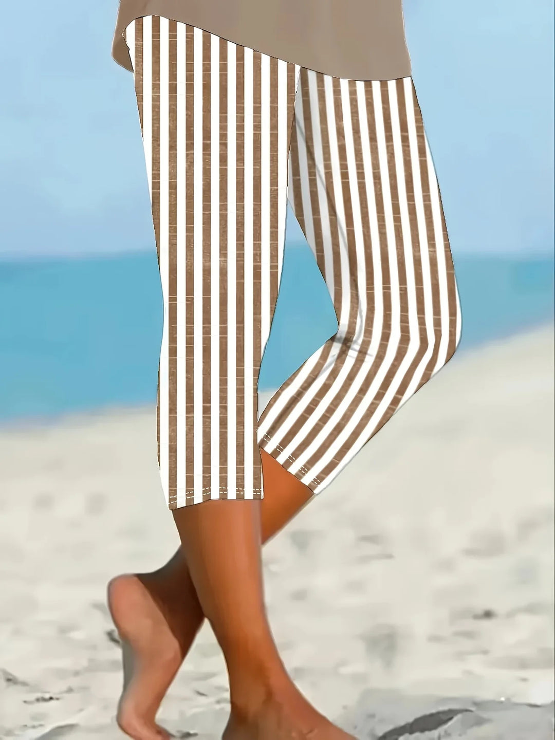 Women Striped Capris Elastic Waist Pants Casual Summer Trousers