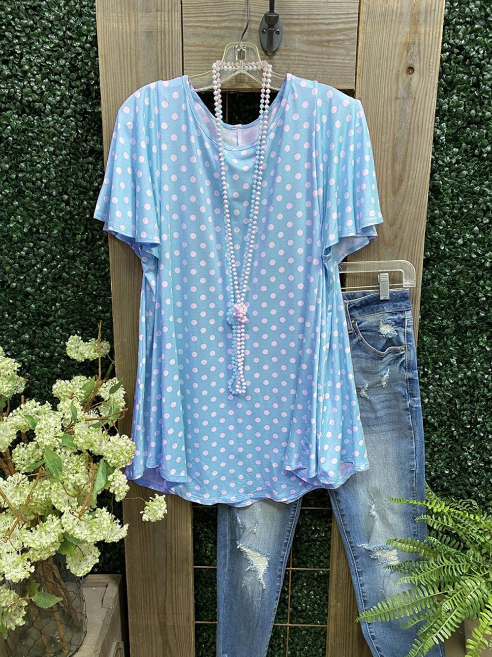 Comfysol Polka Dot Ruffles Round Neck Short Sleeve Casual Blouse
