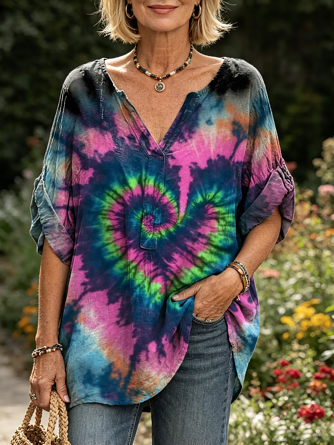 Women's Spiral Tie-Dye Print Boho V-Neck Casual Top