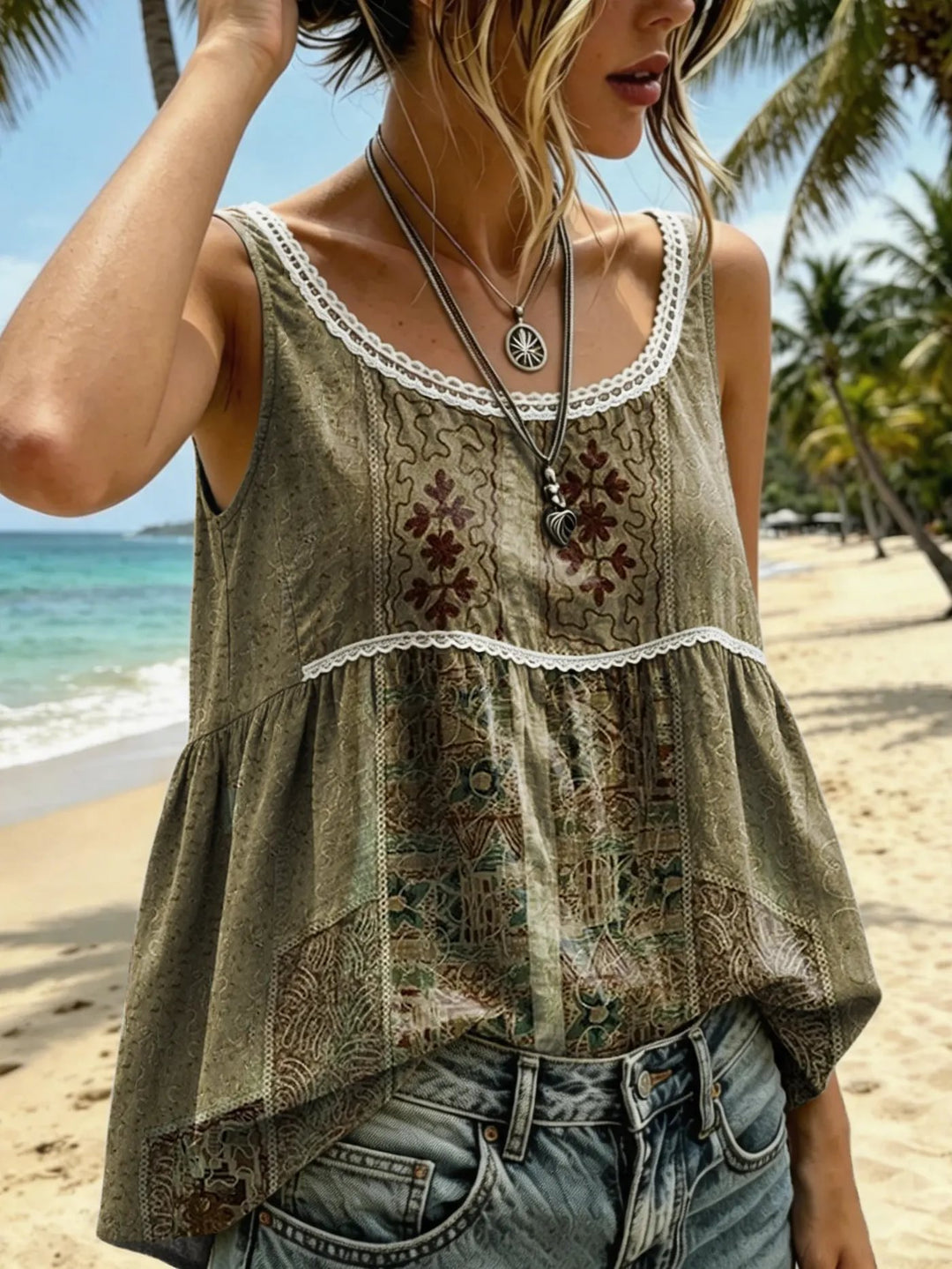 Women's Vintage Ethnic-print Artistic Lace Crew-neck Tank Top