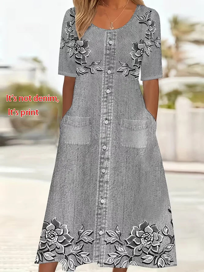 Women Floral Short Sleeve Crew Neck Printing Dress Daily Casual Maxi Shift Dress H-Line Summer Dress