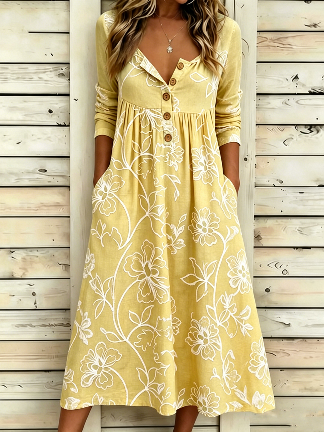 Vintage Floral Half-Open Collar Maxi Dress – Casual Boho A-Line Dress