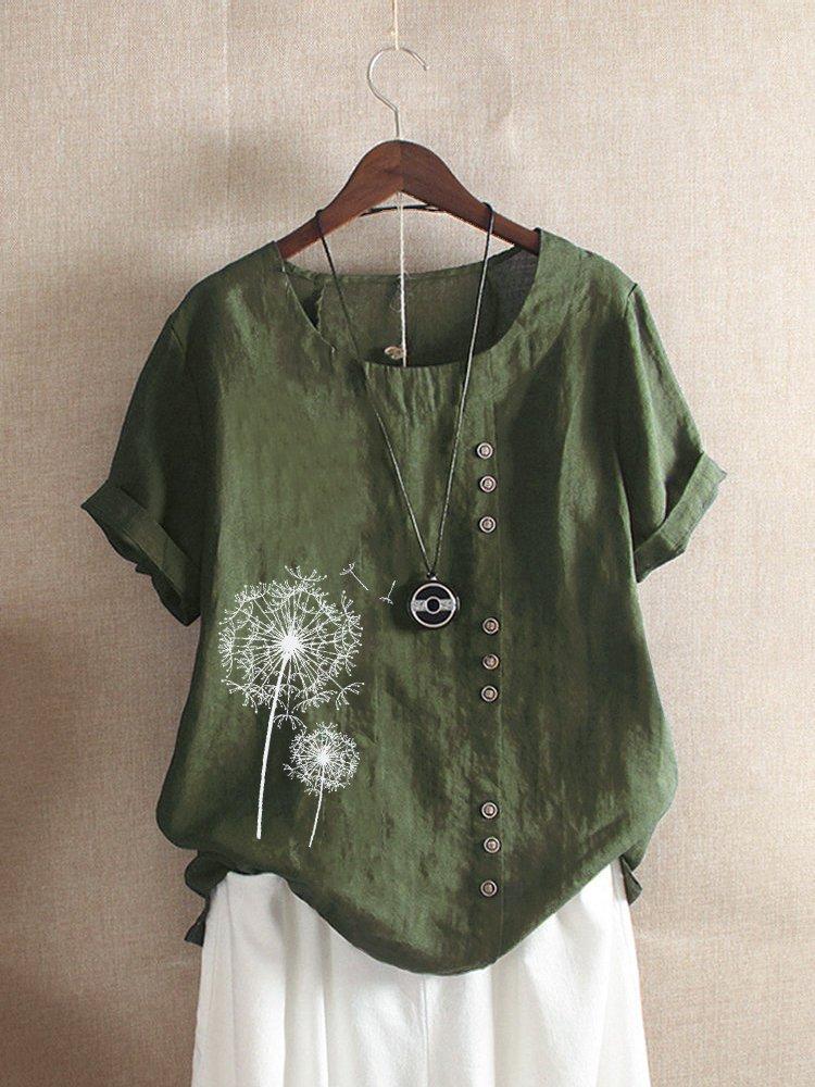 Comfysol Vintage Print Flower Short Sleeve Button Blouse