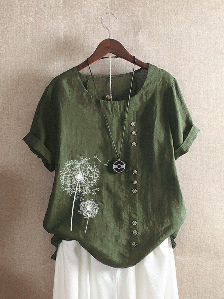 Comfysol Vintage Print Flower Short Sleeve Button Blouse