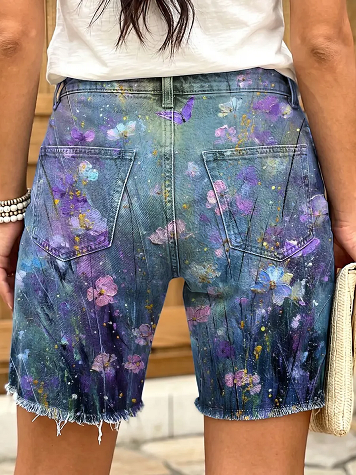 Ethnic-style floral and butterfly print women's casual denim shorts