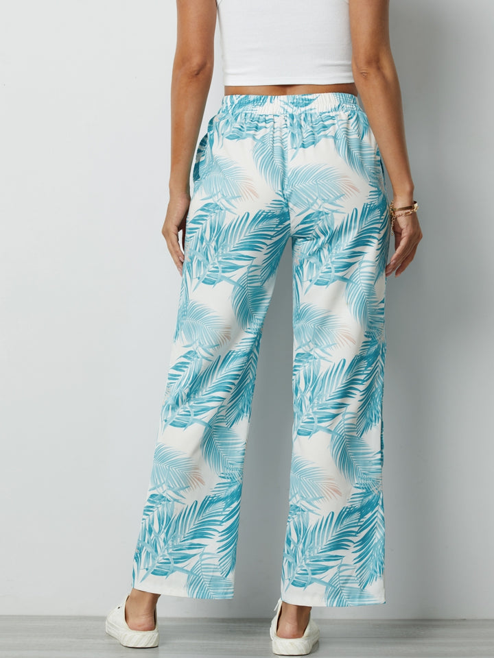 Comfysol Aqua Palm Leaves Casual Pants with Buttons