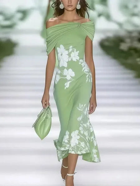 Women Floral Cap Sleeve Summer Printing Dress Cold Shoulder Daily Vintage Maxi H-Line Dress
