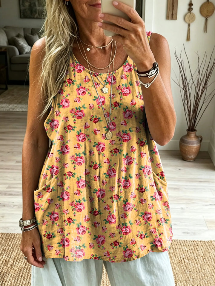 Women's Yellow Vintage Rose Floral Print Sleeveless Pocket Tank Top