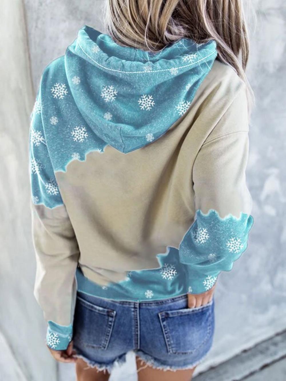 Comfysol Women's Christmas Snowman Printed Long Sleeve Hooded Color Block Sweatshirt