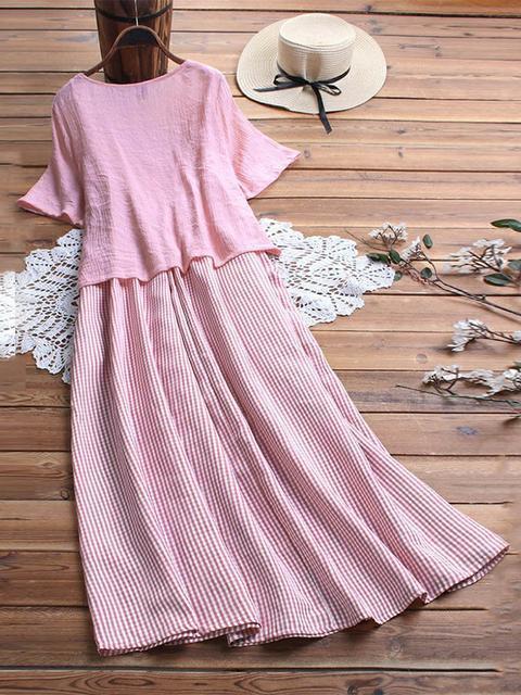 Comfysol Short Sleeve Round Neck Plaid Casual Summer Two Piece Maxi Dress