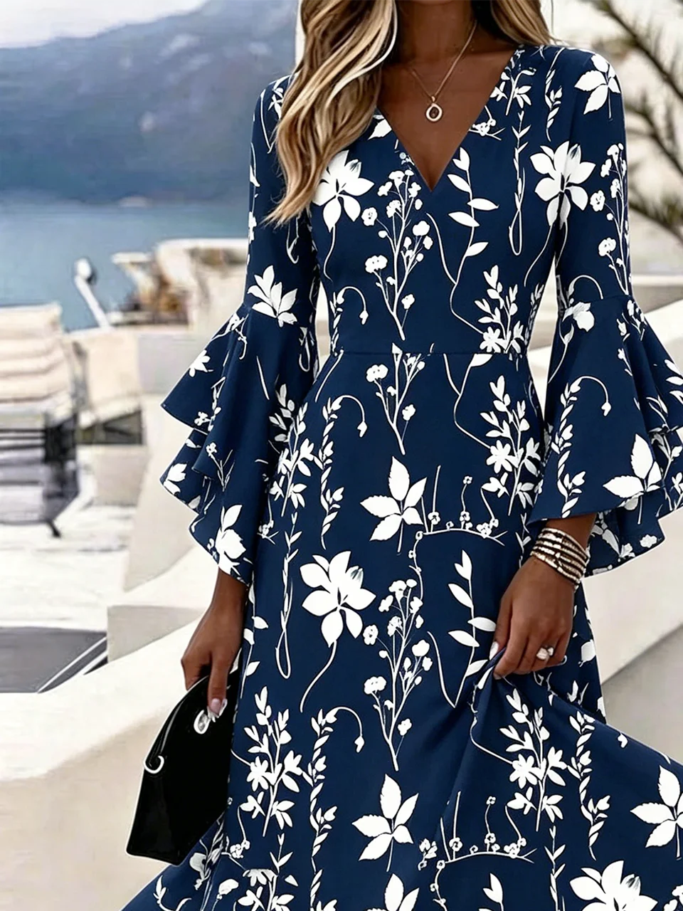 Women's Summer V-Neck Flared Sleeve Floral Print Waist Cinched Dress