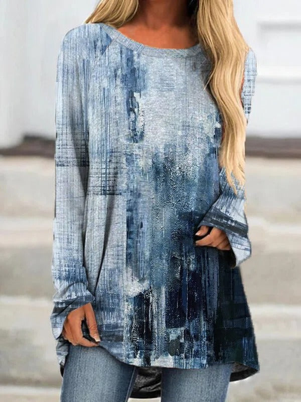 Comfysol Blue Casual Graphic Tops Round Neck Long Sleeve Vintage Printed Sweatshirts