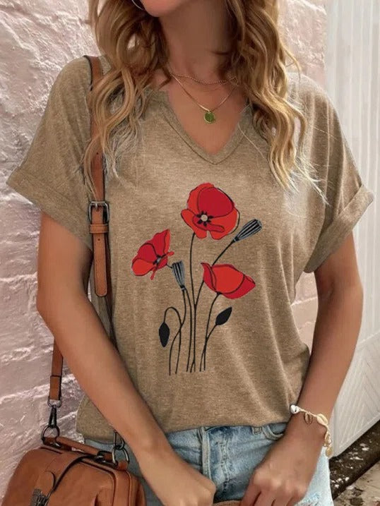 Comfysol Khaki Casual Graphic Tops V Neck Floral Printed Short Sleeve Blouse