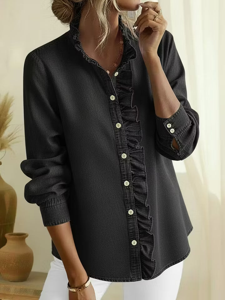 Elegant Lace-collared Denim Shirt Top