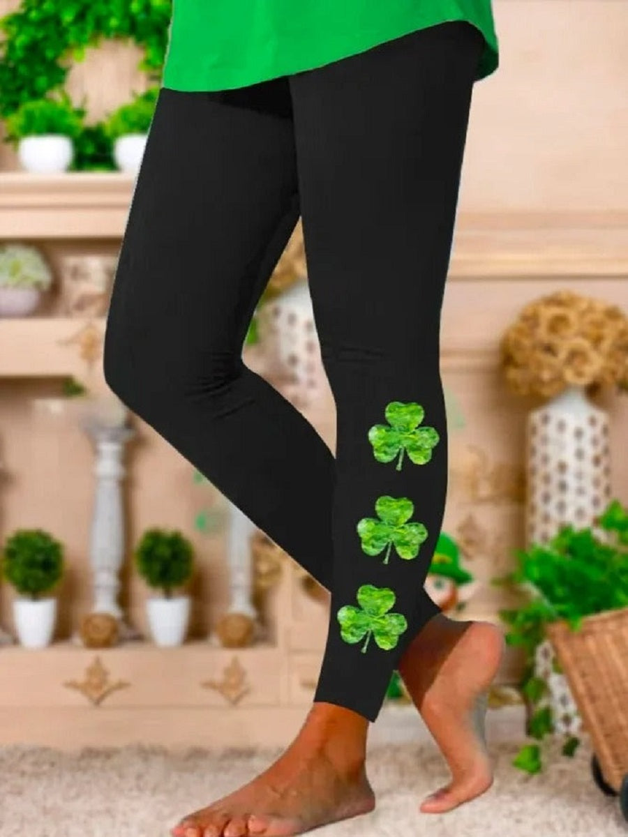 Comfysol Black Casual Four-Leaf Printed Leggings