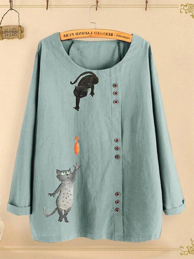 Comfysol Button Cartoon Cat Print Long Sleeve Blouse
