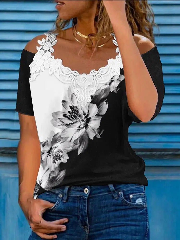 Comfysol Black Casual Graphic Tops V Neck Floral Printed Short Sleeve Blouse