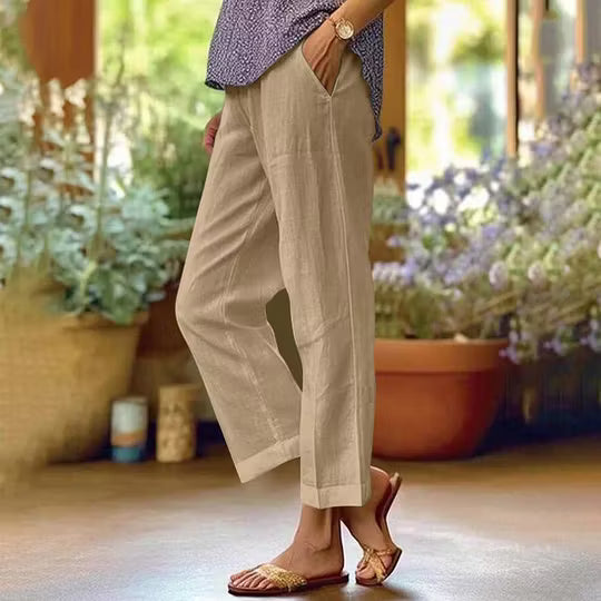 Solid Linen Blend Straight Leg High Waist Casual Pants