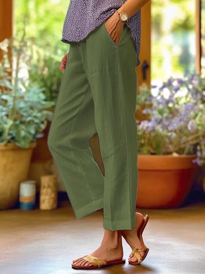 Solid Linen Blend Straight Leg High Waist Casual Pants