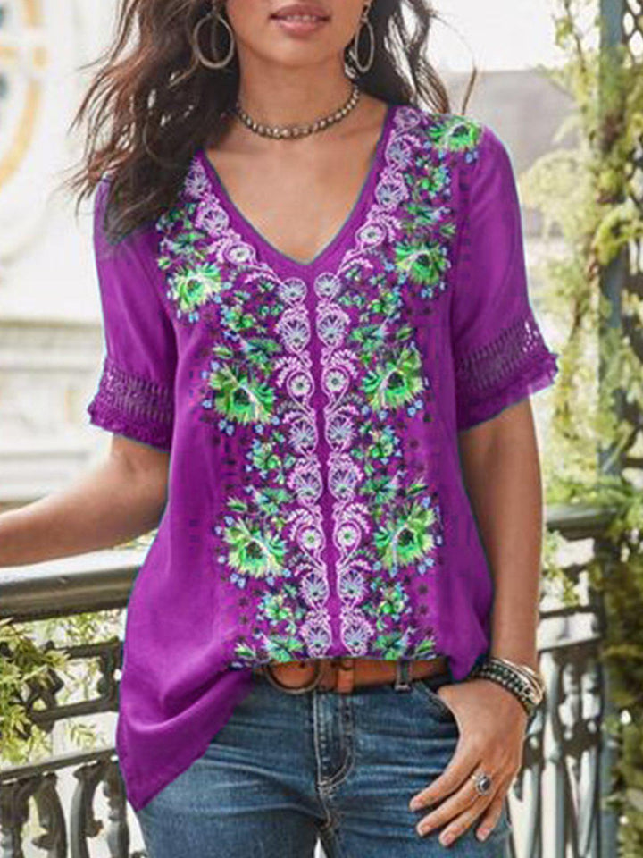 Comfysol Casual Short Sleeve Patchwork V-neck Blouse