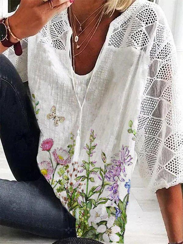 Comfysol Floral Print Casual V Neck 3/4 Sleeve Blouse