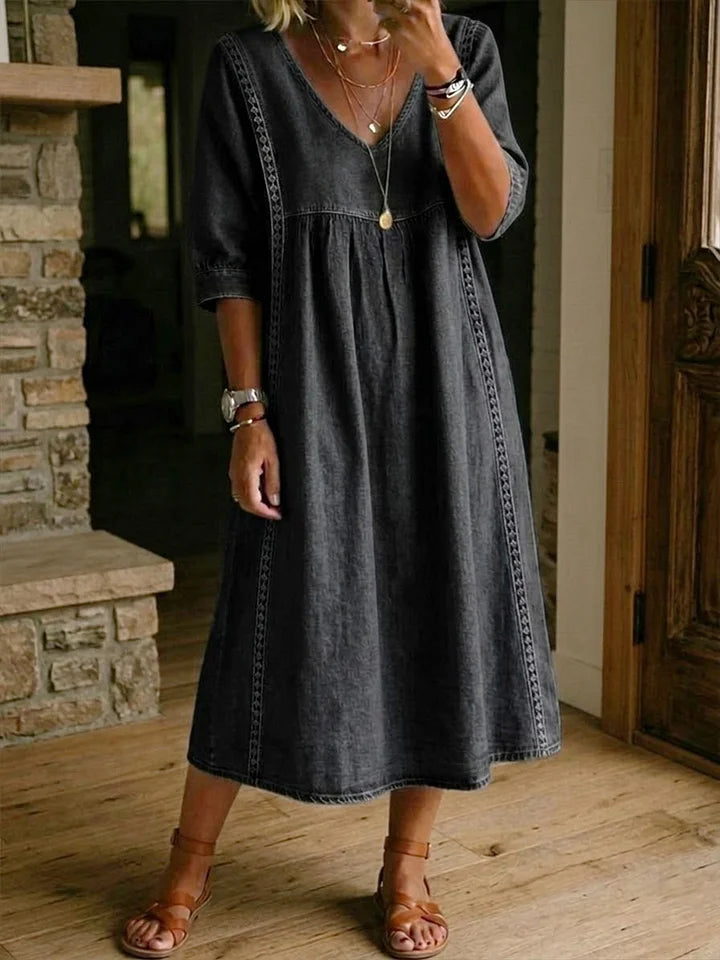 Vintage Denim Midi Dress with Lace Trim – Loose Fit Casual Shirt Dress