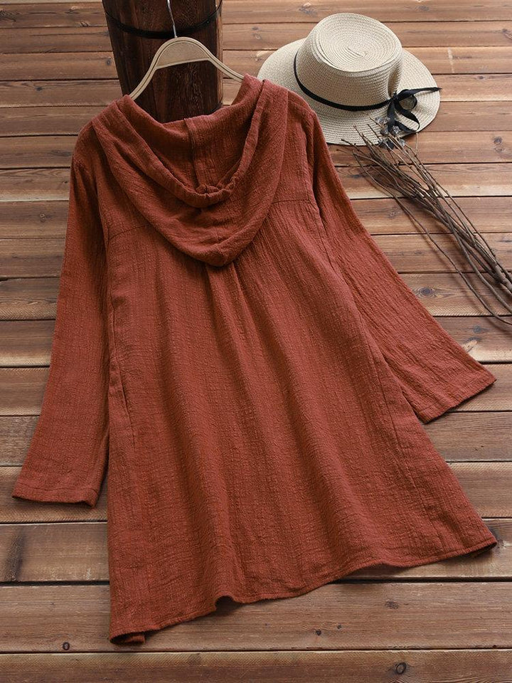 Comfysol Solid Color Drawstring Hooded Long Sleeve Blouse