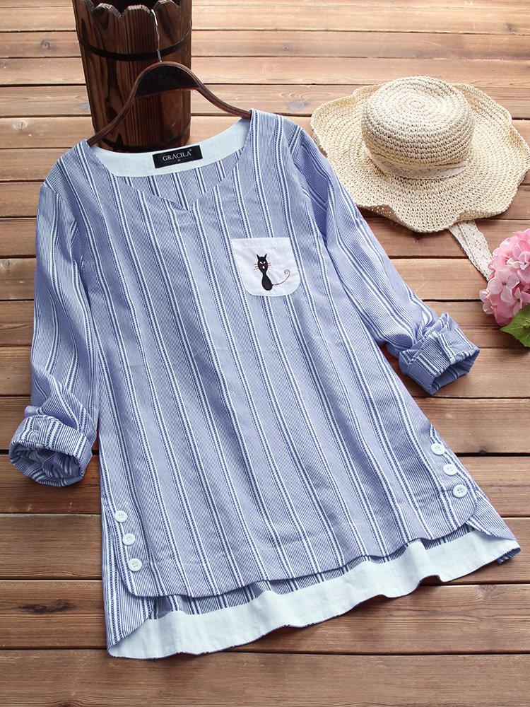 Comfysol Side Buttons Stripe Cat Embroidered Patchwork Vintage Blouse