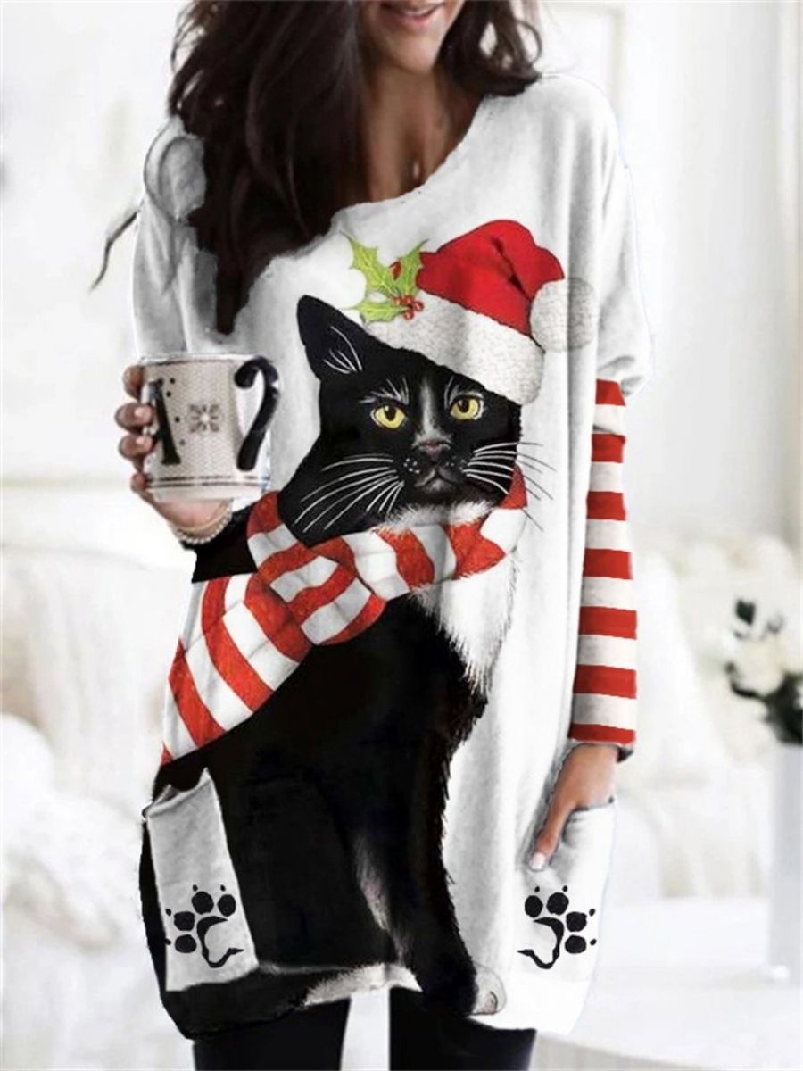 Comfysol White Casual Graphic Tops Round Neck Cat Printed Long Sleeve Xmas Sweatshirts