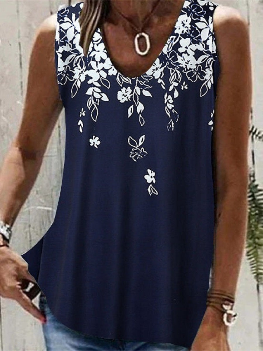 Comfysol Dark Blue Casual V Neck Floral Printed Sleeveless Tank