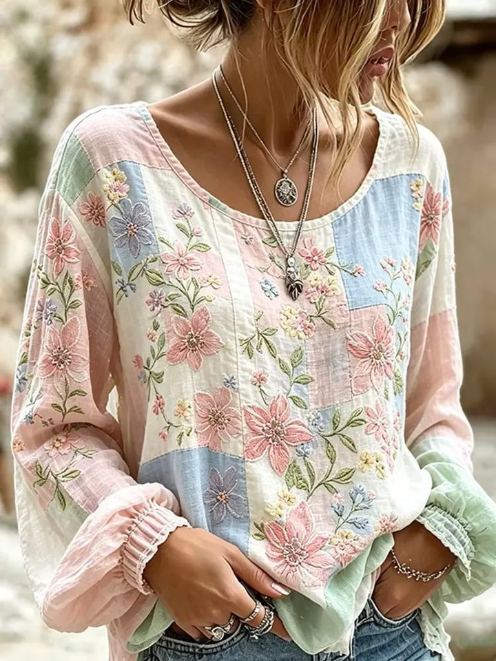Women's Floral Patchwork Print Cotton Puff Sleeve Top