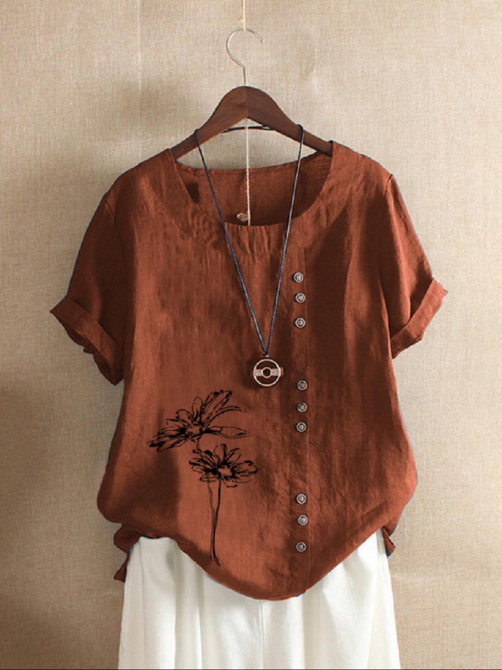 Comfysol Solid Color Short Sleeve Button Summer Blouse