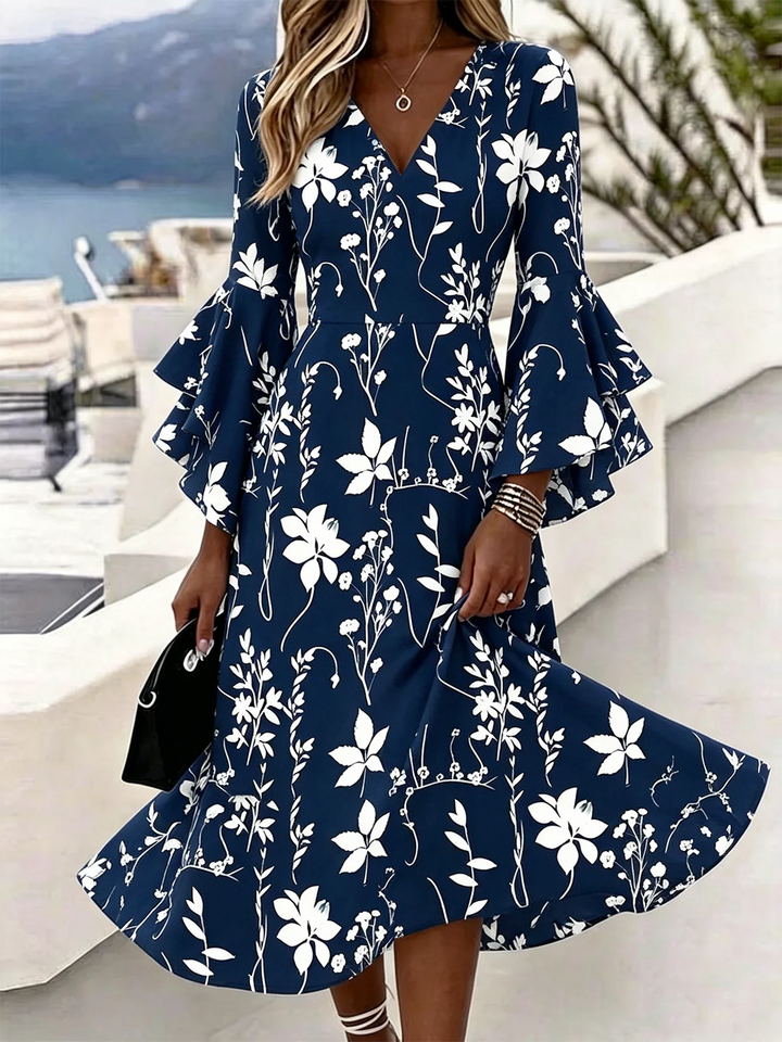 Women's Summer V-Neck Flared Sleeve Floral Print Waist Cinched Dress