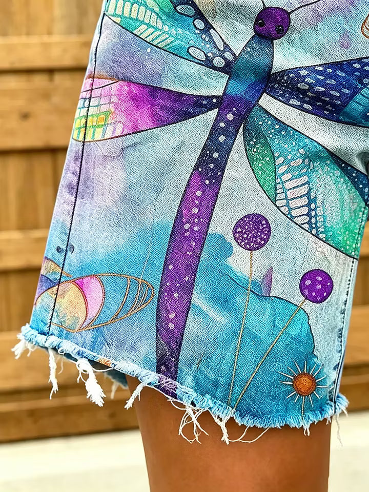 Women's Dragonfly Watercolor Art Print Frayed Denim Bermuda Shorts