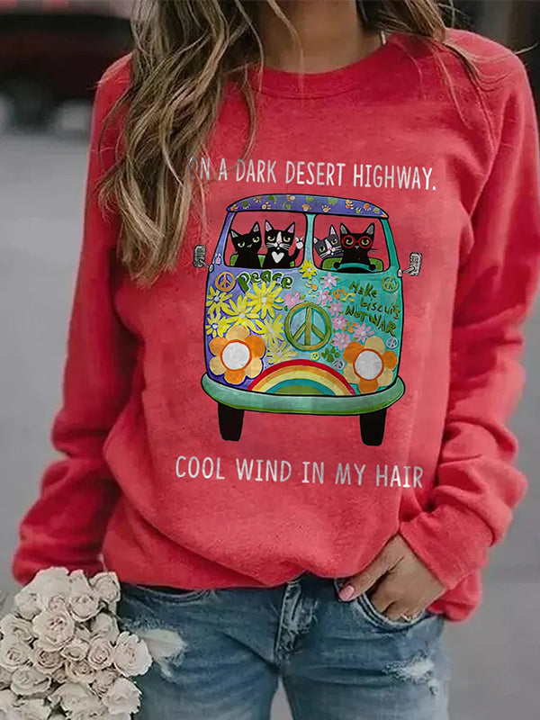 Comfysol Red Casual Graphic Tops Round Neck Long Sleeve Cat Printed Sweatshirts