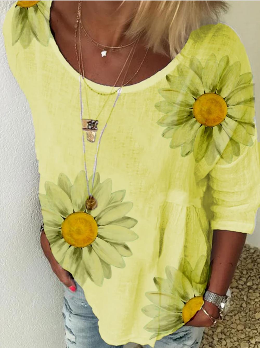 Comfysol Casual Sunflower Printed Round Neck Blouse