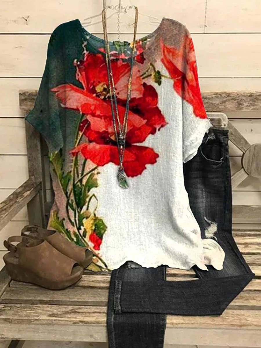 Comfysol Colorful Casual Graphic Tops Round Neck Floral Printed Short Sleeve Blouse