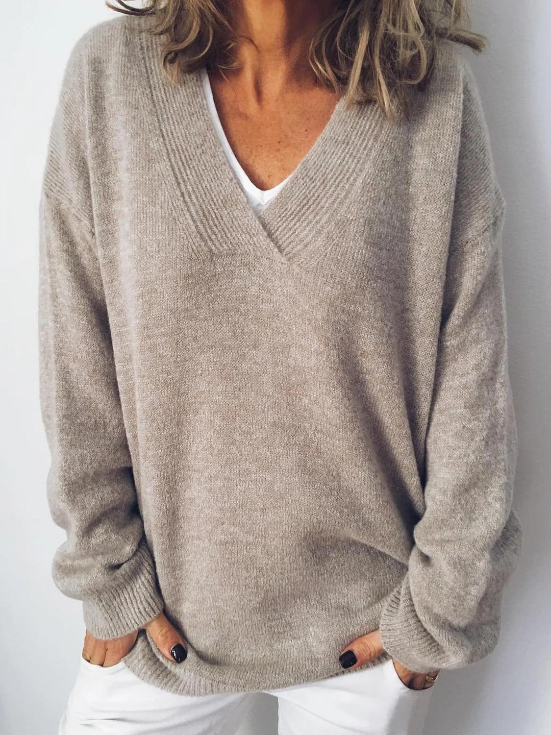 Comfysol Apricot Casual V Neck Solid Long Sleeve Sweater