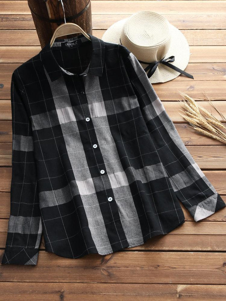 Comfysol Vintage Plaid Long Sleeve Turn-down Collar Shirts