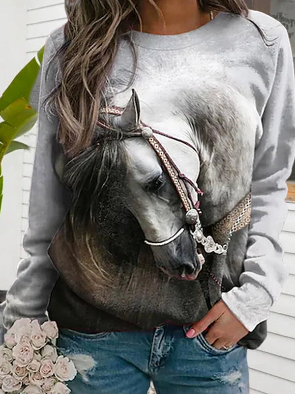 Comfysol Multi Casual Graphic Tops Round Neck Long Sleeve Horse Printed Sweatshirts