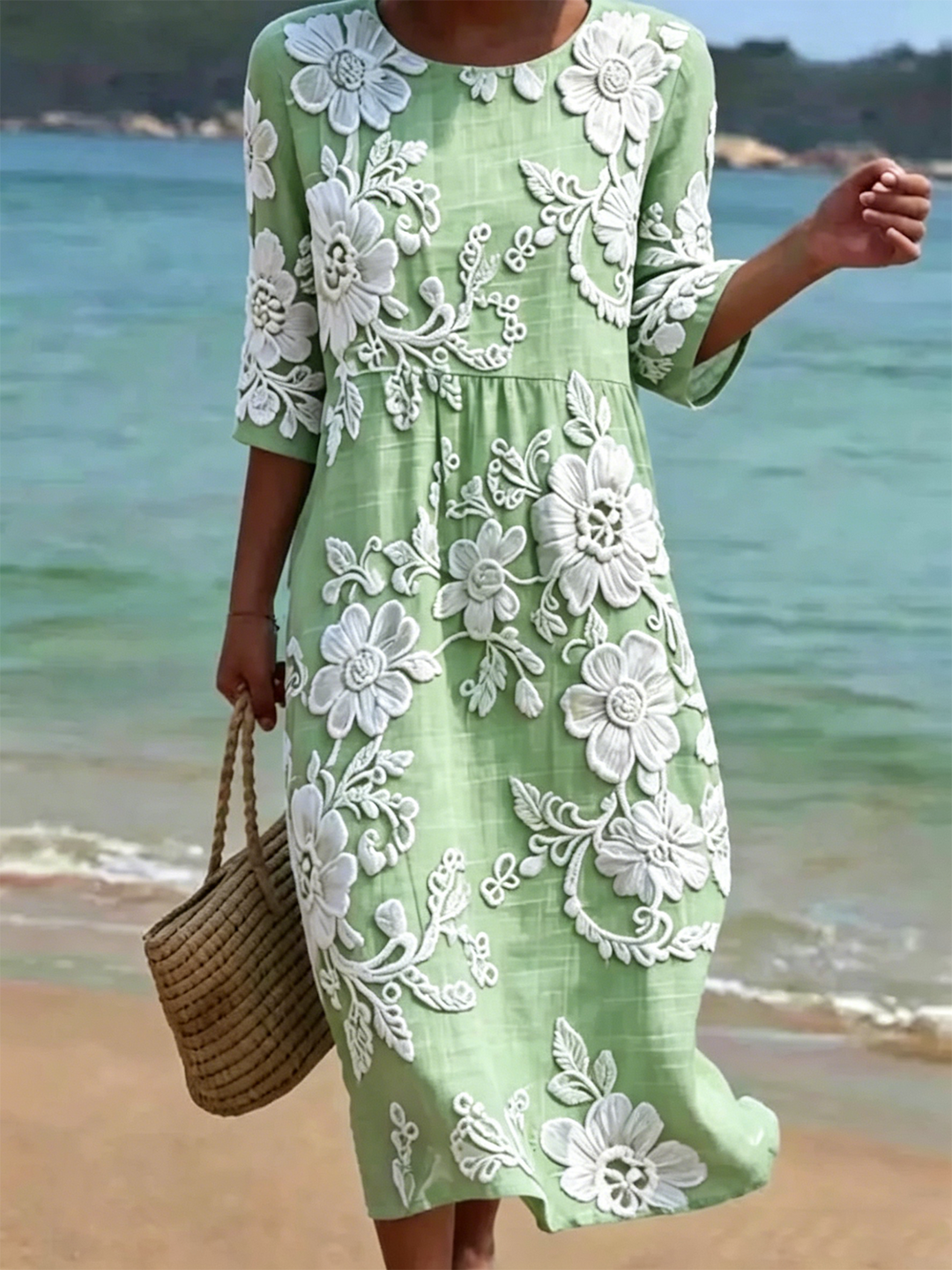 Round Neck Floral Applique Midi Dress for Summer