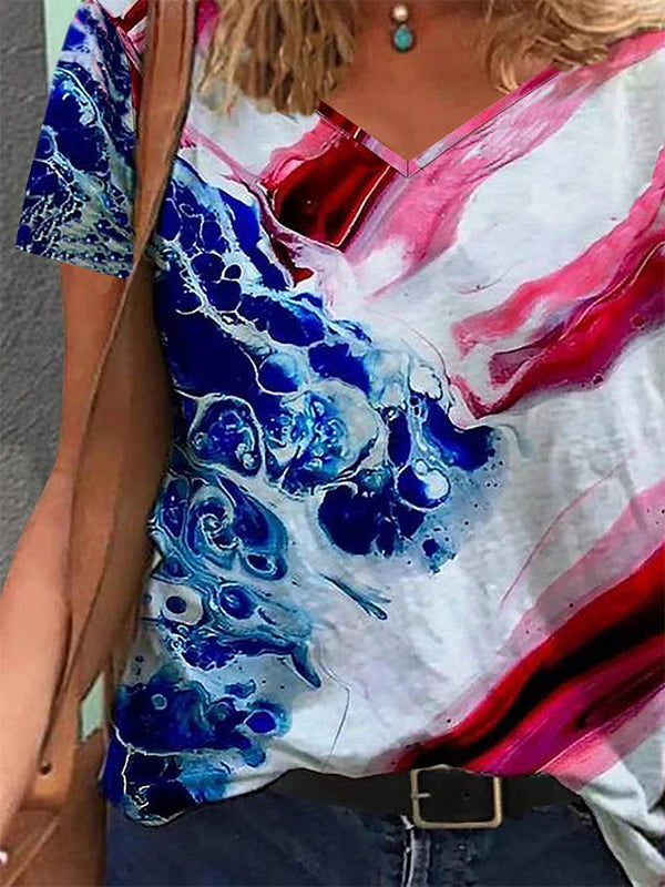 Comfysol Casual V-neck Short Sleeve Abstract Printed Blouse