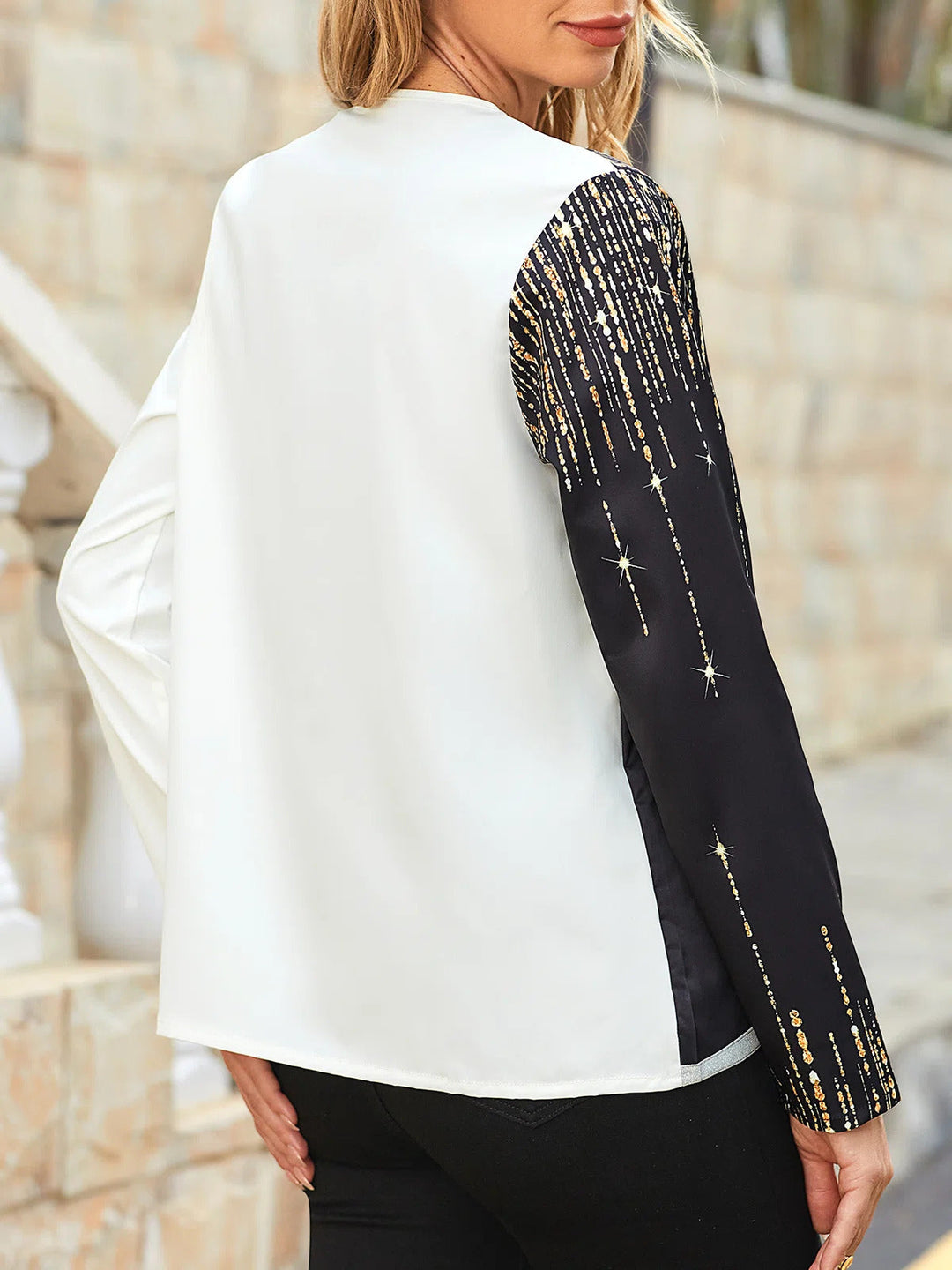 Comfysol White Casual V Neck Patchwork Sequins Long Sleeve Tops