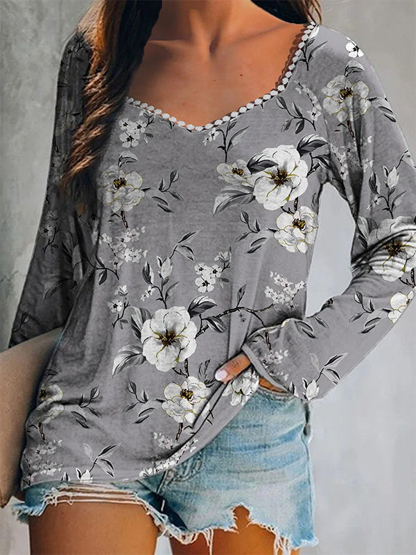 Comfysol Gray Casual Tops V-neck Long Sleeve Floral Printed Sweatshirts